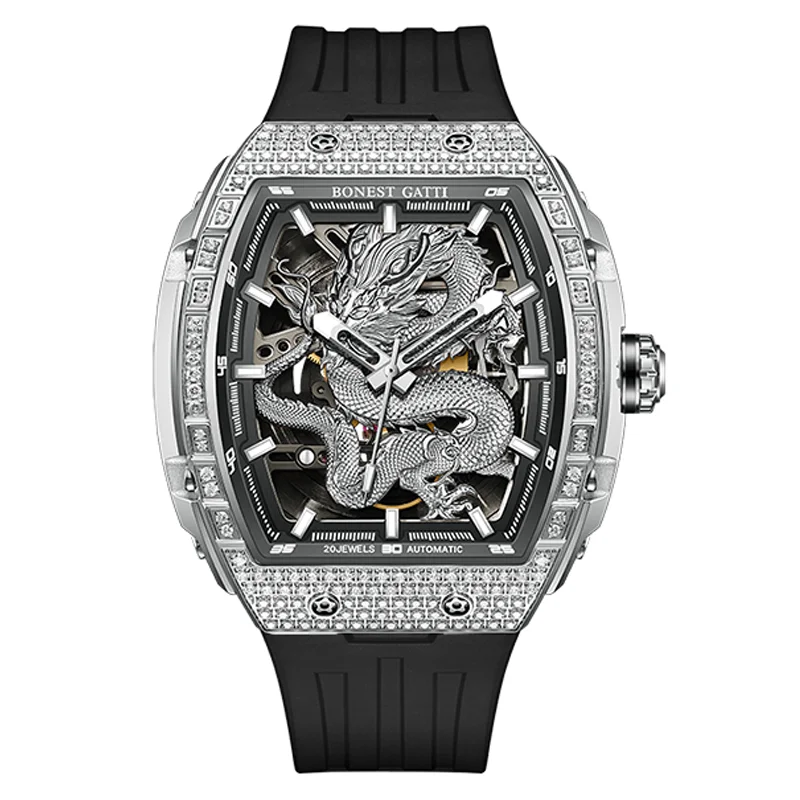 BONEST GATTI Men Automatic Watch 43*50mm Tonneau Mechanical Wristwatch Sapphire Luminous Dragon Dial Fluororubber Strap