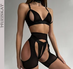 MUZISKAT Sexy Solid Colour Splicing Mesh Lingerie See-Through Hollowed Out Beauty Back Low-Cut Erotic Four-Piece Set Onlyfans