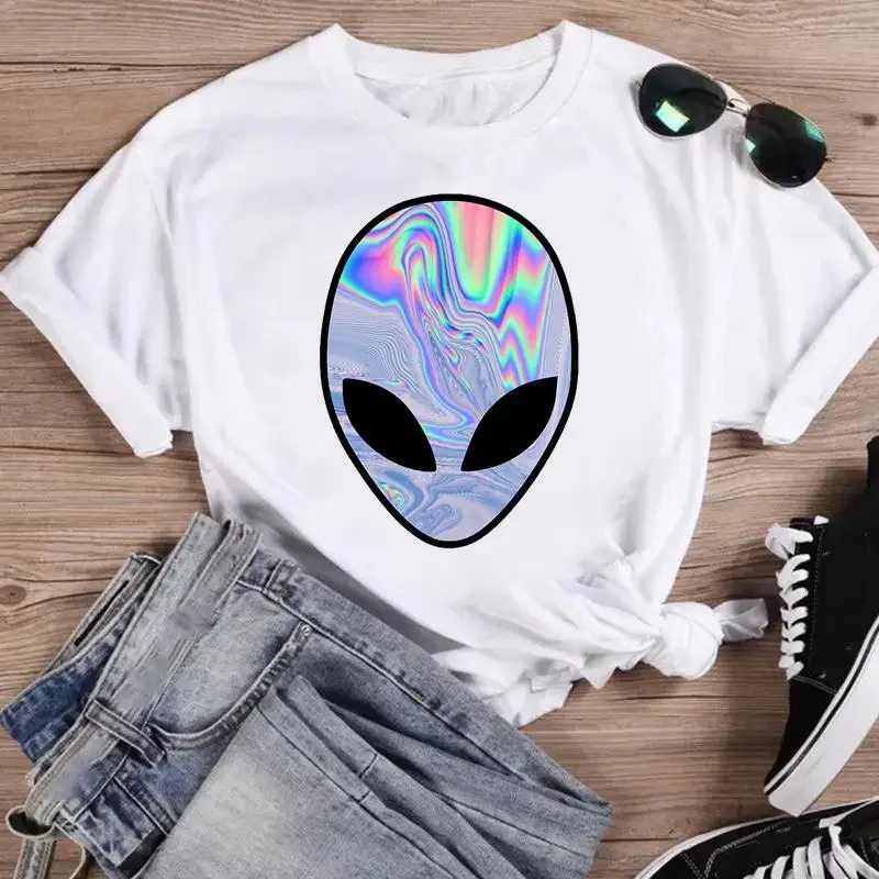 Women Fashion T Shirt Cartoon Shirt Print Summer T-shirts Female Alien Funny Face Lovely Trend Graphic Top Short Sleeve Tee