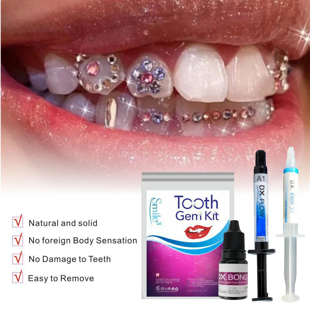 Dente gem kit com luz de cura e cola diy jóias odontológicas diamante cristais ornamento auto gravura resina ortodôntico gel adesivo