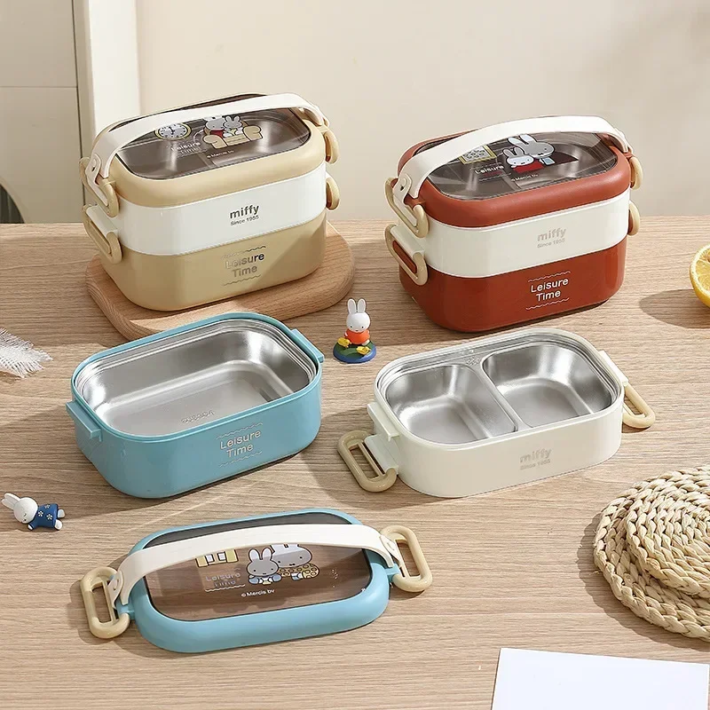 Miffy Stainless Steel Double-deck Student Go To Work Lunch Box To Work Ellipse Bring Tableware Portable Seal Up Leak Proof