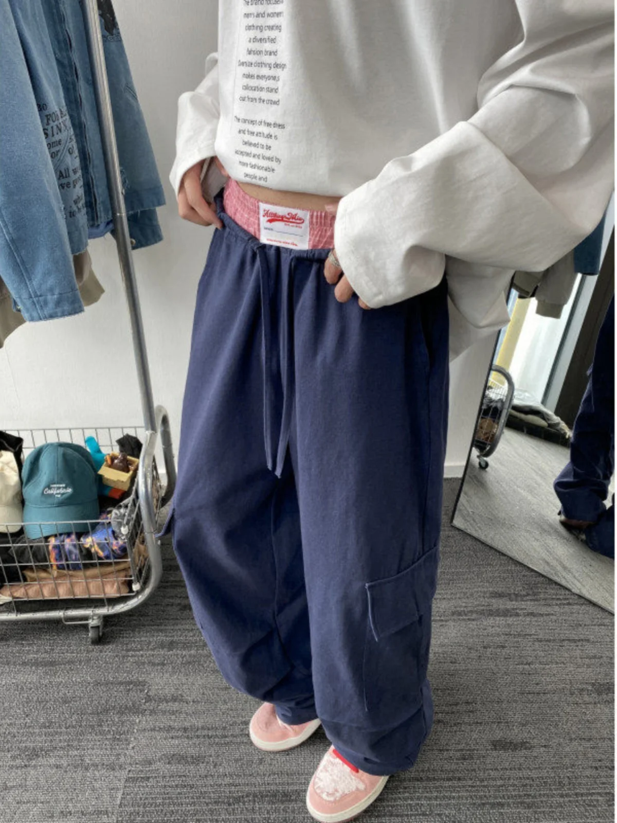 สีขาวเอวคู่ผู้ชายขาตรงกางเกงขากว้างฤดูใบไม้ผลิฤดูใบไม้ร่วงแฟชั่นแบรนด์ลำลองผ้าฝ้ายชุดทำงานกางเกง