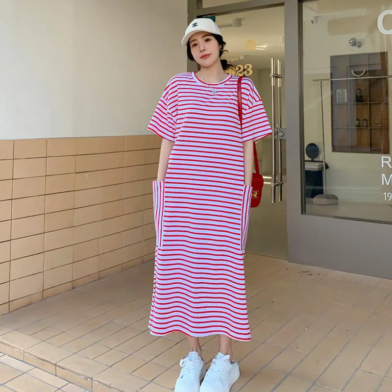 Robe mi-longue rayée à col rond pour femme, t-shirt à manches courtes, pull de poche, décontracté, simplicité, été, nouveau, 2023