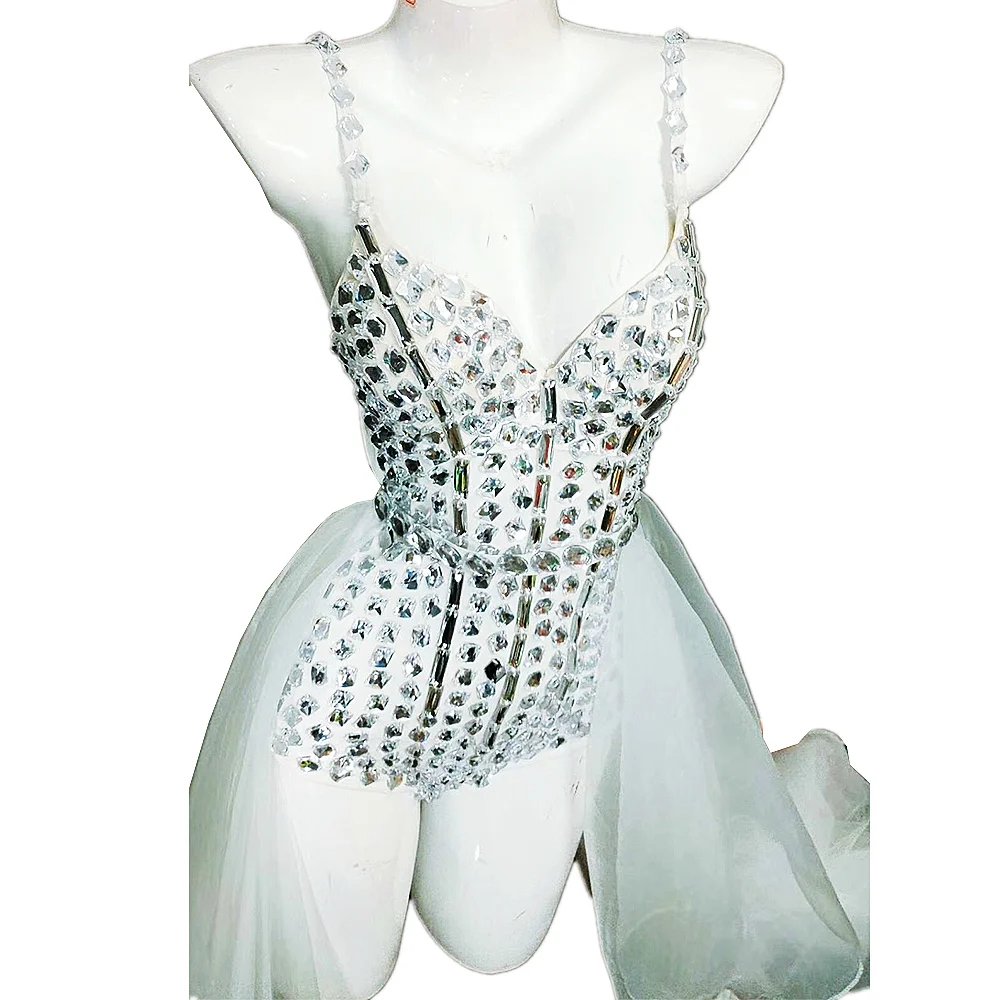 Mesh Gauze Accessories White Bodysuit Rhinestones Sparkling Suspender Bodycon Party Evening Costume Nightclub Dance Show Wear