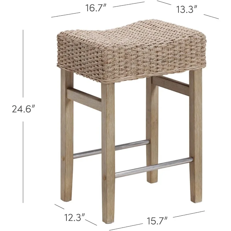 Nathan James Harvey Rattan Bar Stool, Bohemian Counter Height Stool with Woven Seagrass Seat, Solid Wood Legs, and Metal Footres