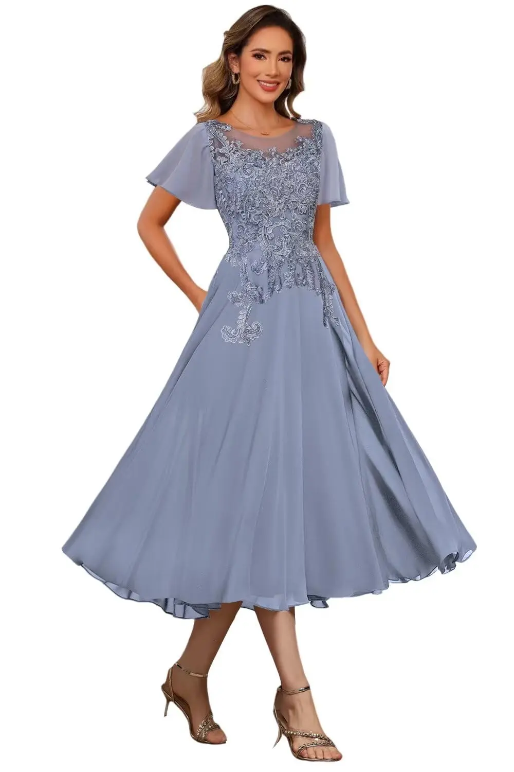 

Customized Ruffle Short Sleeves Lace Appliques Mother Of Bride Dresses Tea Length Chiffon Formal Prom Evening Dress With Pockets