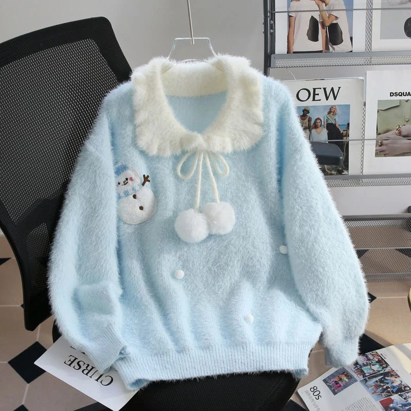 Suéteres de punto para mujer con estampado de muñeco de nieve, con pompón, cordones y patchwork, holgados, casuales, lisos, elegantes, con cuello Peter Pan