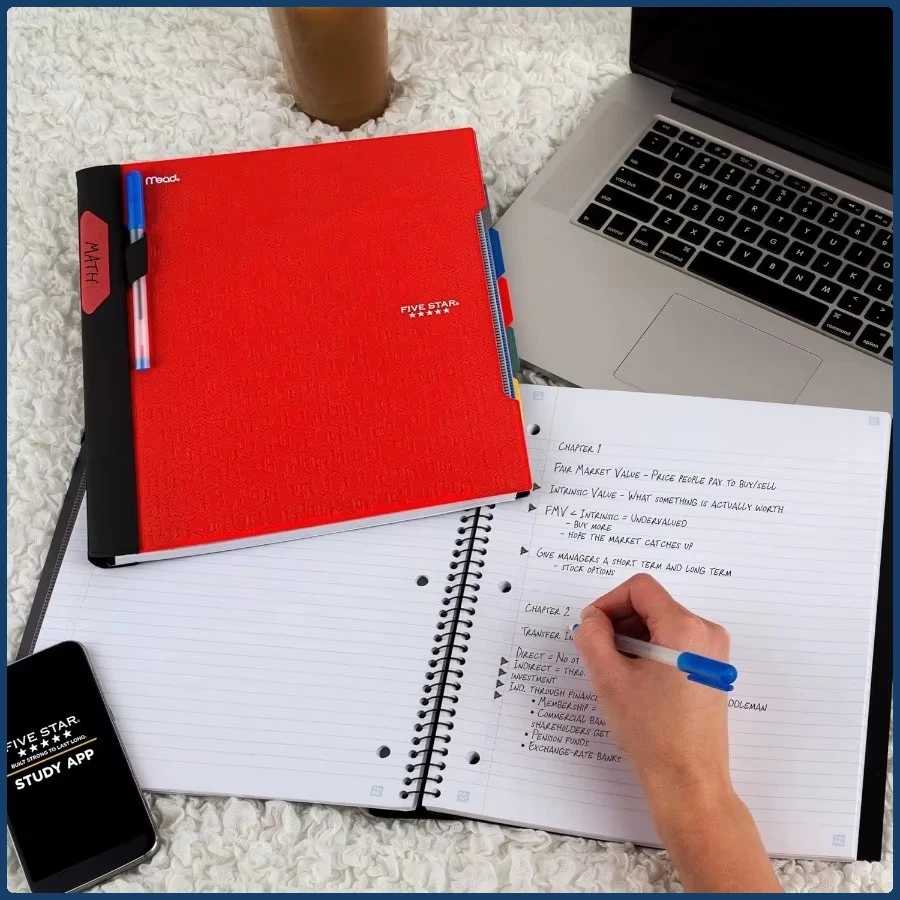 Cuaderno espiral Fire Red de 5 sujetos + aplicación - 200 hojas universitarias forradas con divisores