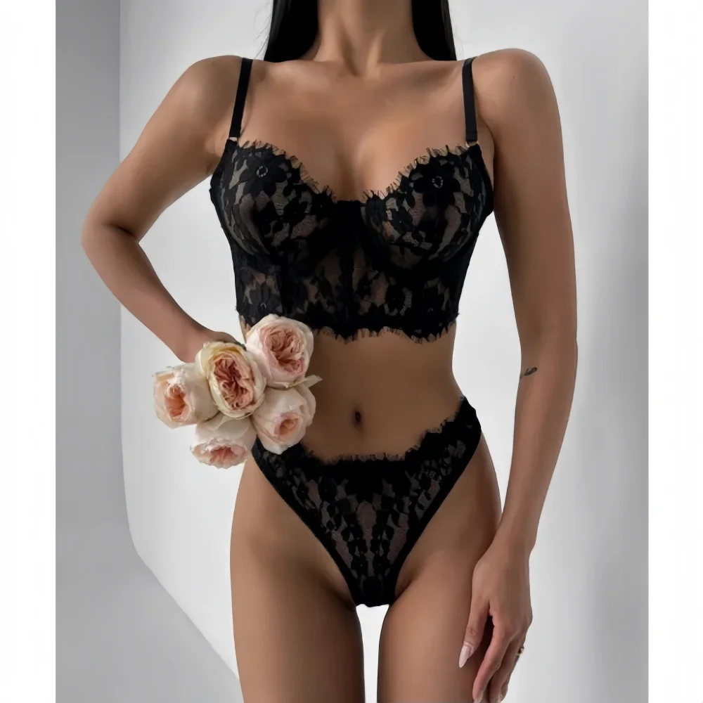 

Krasapt New Arrival Women Exotic Valentine's Eyelash Lace See-through Bralette Bustiers Sexy Lingerie Set With Panty Intimates