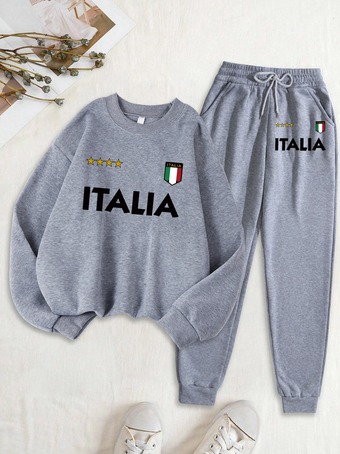 Italia Italian Flag Print Women Tracksuit Suit Warm Fleece Sweatshirt O-Neck Sportswear Autumn Soft Pants Casual Sports Set