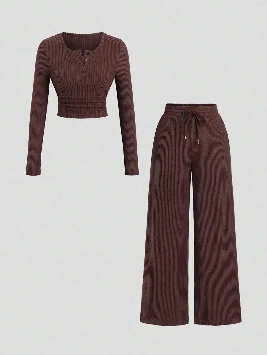 

Женский комплект из двух предметов: топ-хенли и брюки с широкими штанинами, регулируемая талия, повседневная одежда