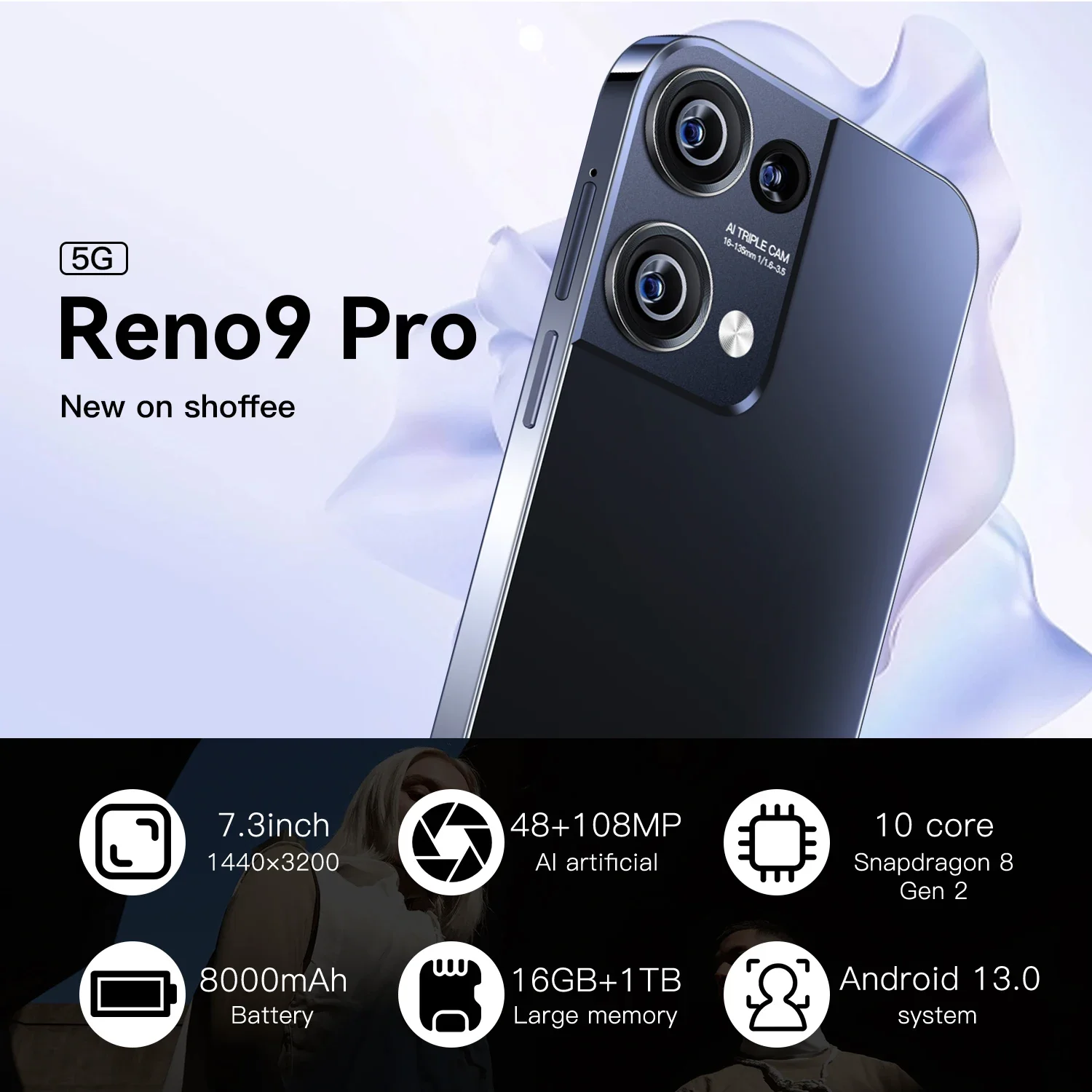 Reno9 Pro 5G 안드로이드 휴대폰, 7.3 인치 HD 스크린, 듀얼 SIM, 16GB + 1TB 메모리, 48MP + 108MP 카메라, 8000mAh 배터리, 신제품