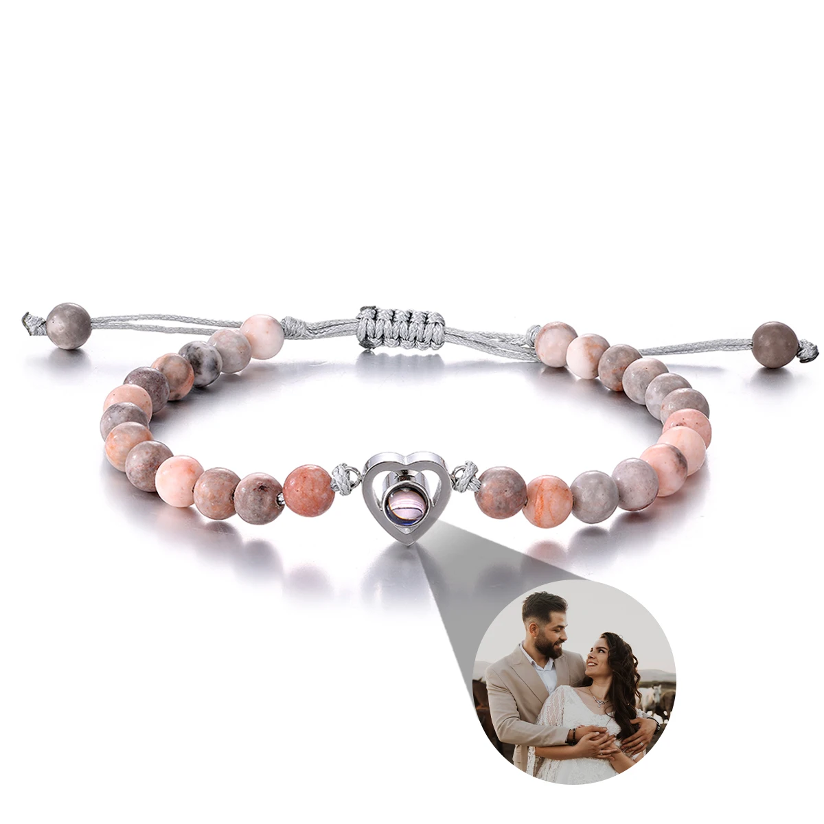 6mm Natural Stone Bracelet with Custom Photo Projection Bracelet Personalized Natural Beads Heart Bracelet Jewelry Gift