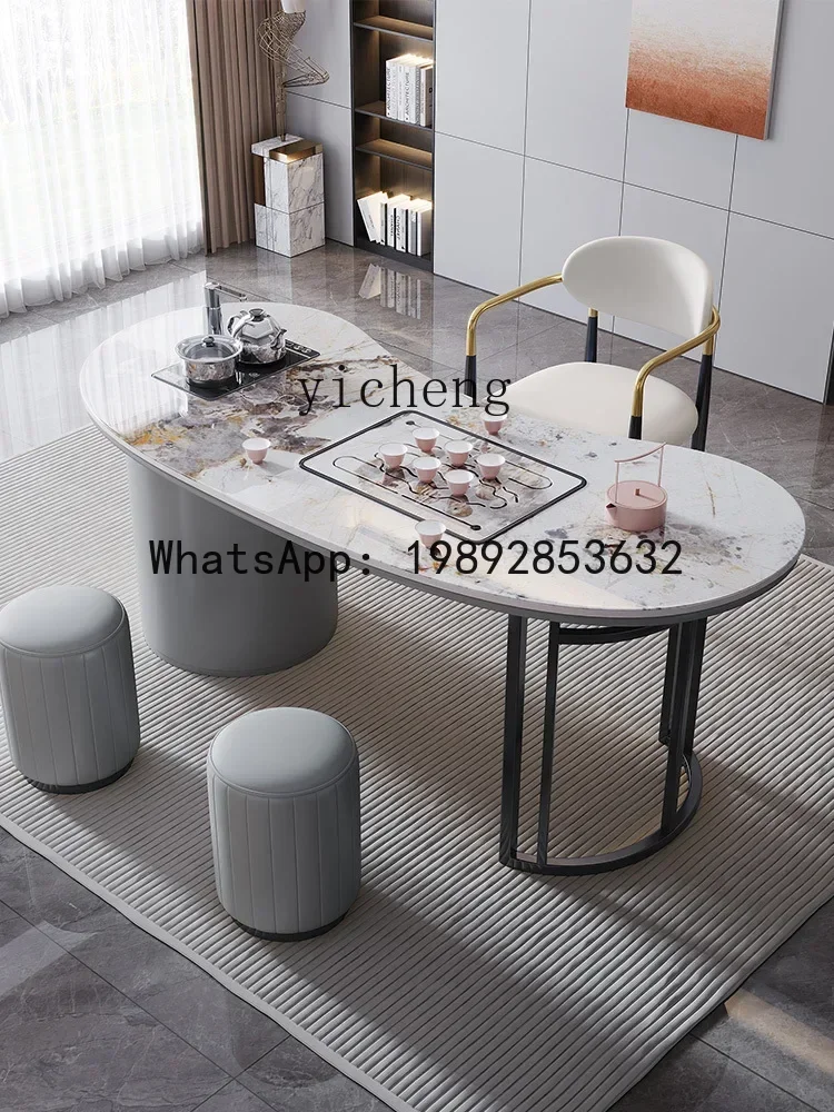 LYY Tea Table and Chair Set One Table Five Chairs Tea Room Reception Area Kung Fu Tea Table Kettle Integrated