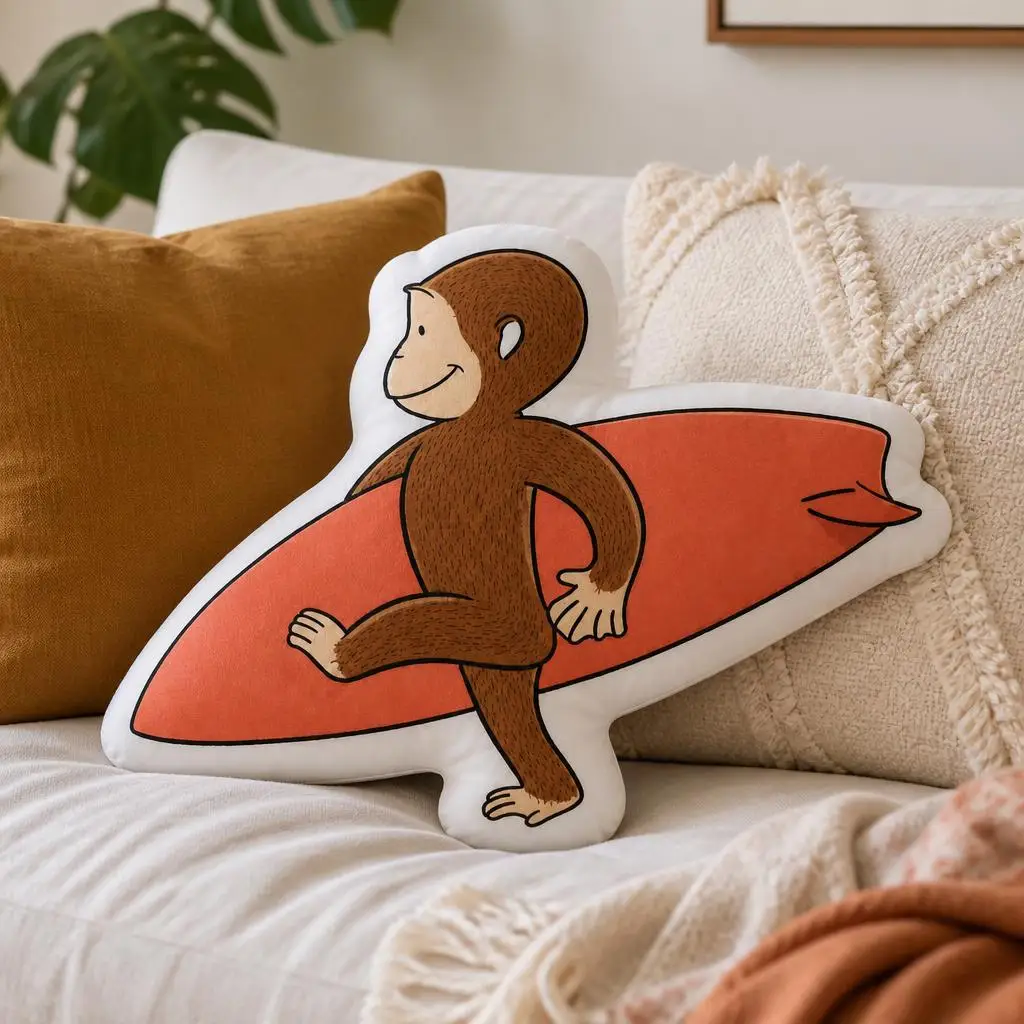 Curious George Monkey Surfing Surfer Surfboard Plush Pillow Cushion Irregular Stuffed Throw Pillow Home Decor Gift Sofa Bed