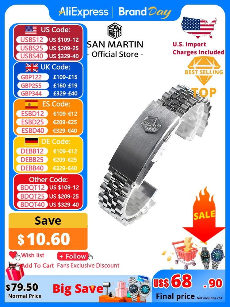 

San Martin из нержавеющей стали 316L, 5 звеньев J, детали для часов-браслета для 20 мм, изогнутые концевые звенья, регулируемая застежка для SN0008 SN0128