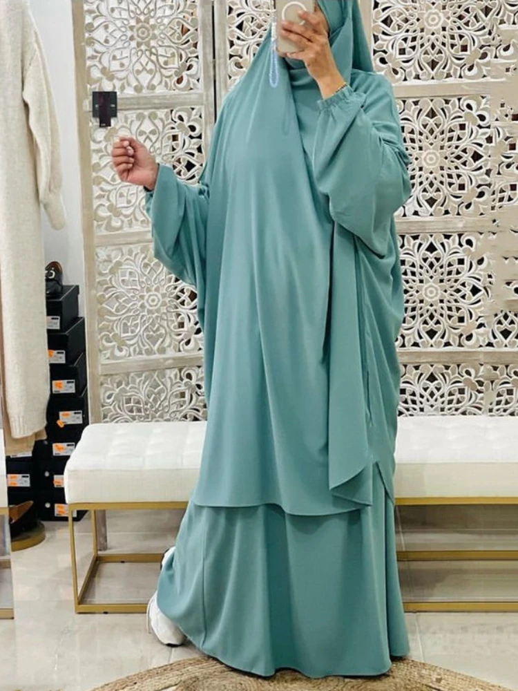 Ramadan 2 Piece  Long Khimar Set Abaya Muslim Women Prayer Garment Dubai Saudi Prayer Dress 2 Piece Skirt Sets Eid Niqab jilbab