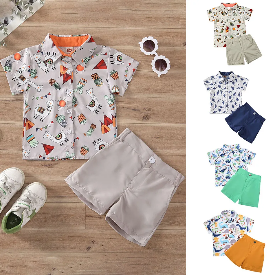 Boys Cartoon Dinosaur Print Short Sleeved Top+Solid Color Shorts Two-Piece Set Children Summer Outdoor Activity Set New