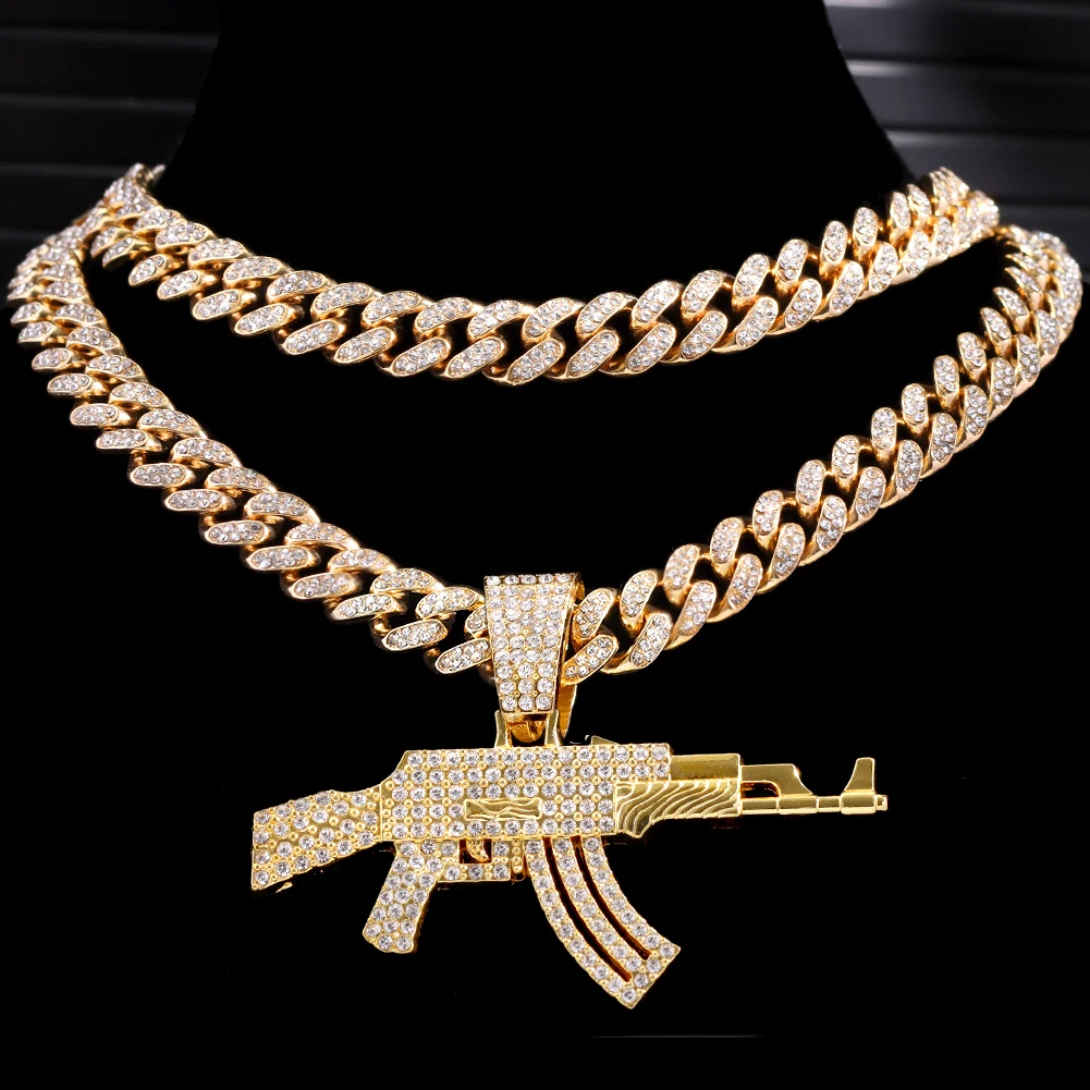 Hip Hop Men Women AK47 Submachine Gun Pendant Necklace Gold Silver Colour Iced Out Crystal Cuban Link Chain Necklaces Jewelry