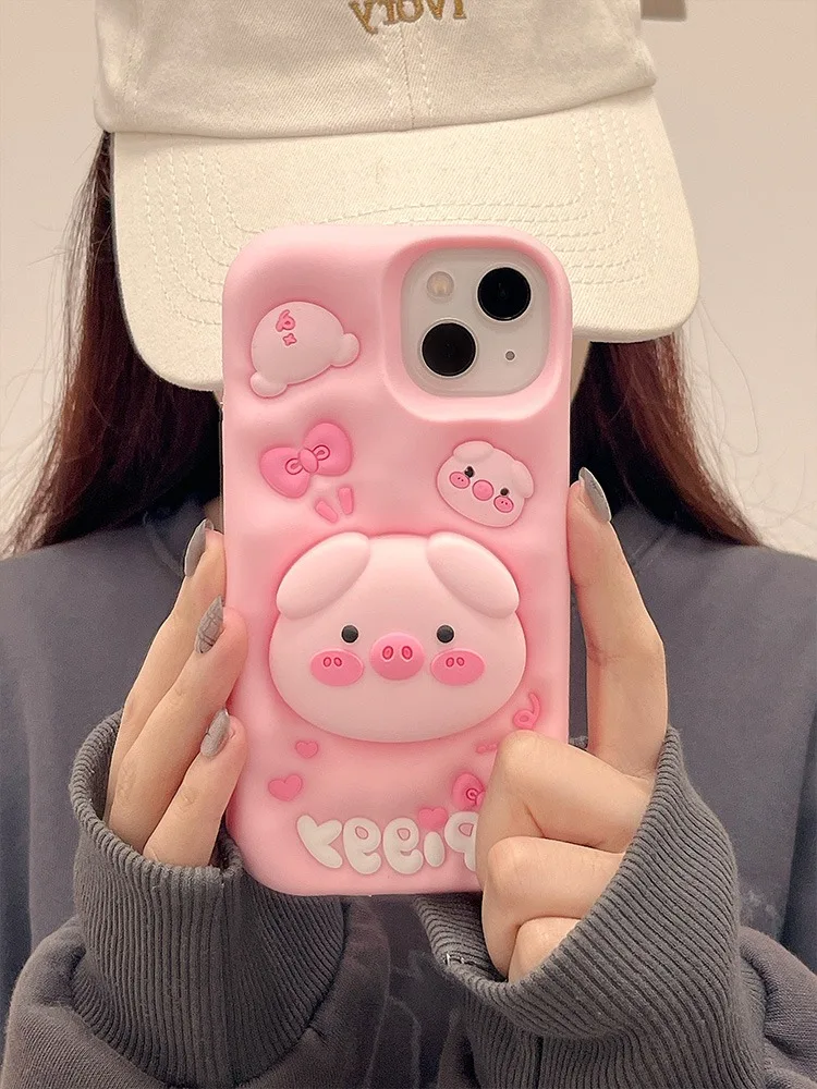 Cute Funny Pig Piggy Telescopic Bracket Case For iPhone 15 Pro Max 14 13 11 12 3D Pink Silicone Stand Holder Back Cover