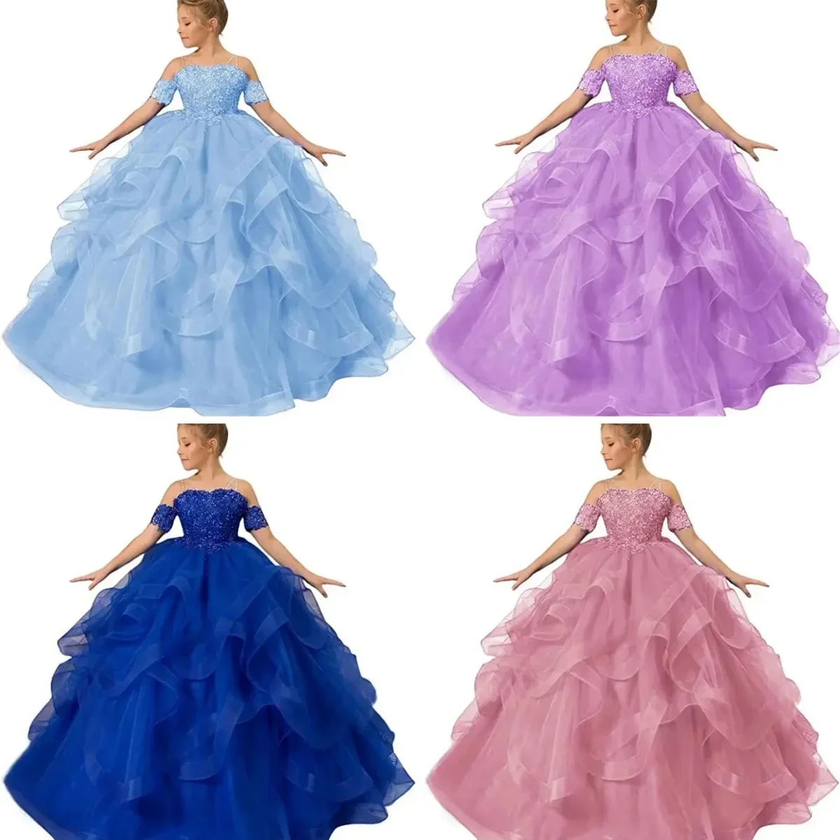 

Pleated Flower Girl Dresses for Wedding Off the Shoulder Sequins Floor Length Girl Kids Birthday Party First Holy Communion Gown
