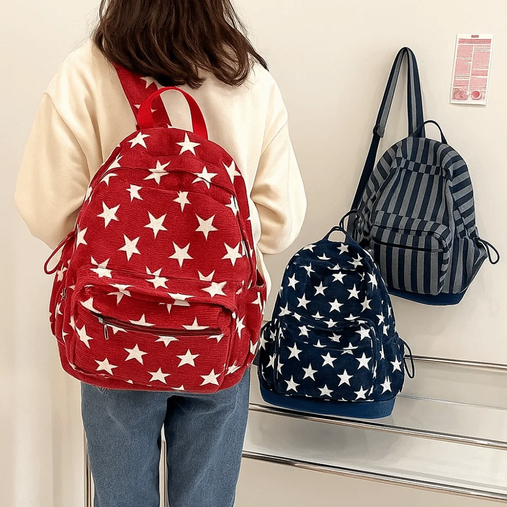 

Korean Style Grey Stripes Backpack Multi-pocket Lightweight Star Printing Backpack Adjustable Straps Commuting