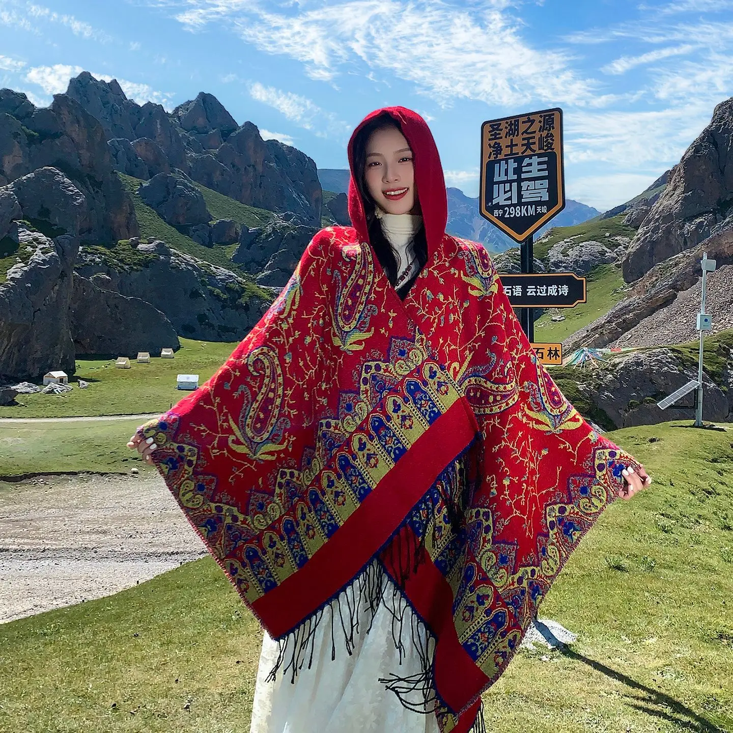 New Poncho Tourism Ethnic Style Hat Cape Scarf Thick Split Warm Scarf Outerwear Women's road trip Cloak Autumn/Winter P1