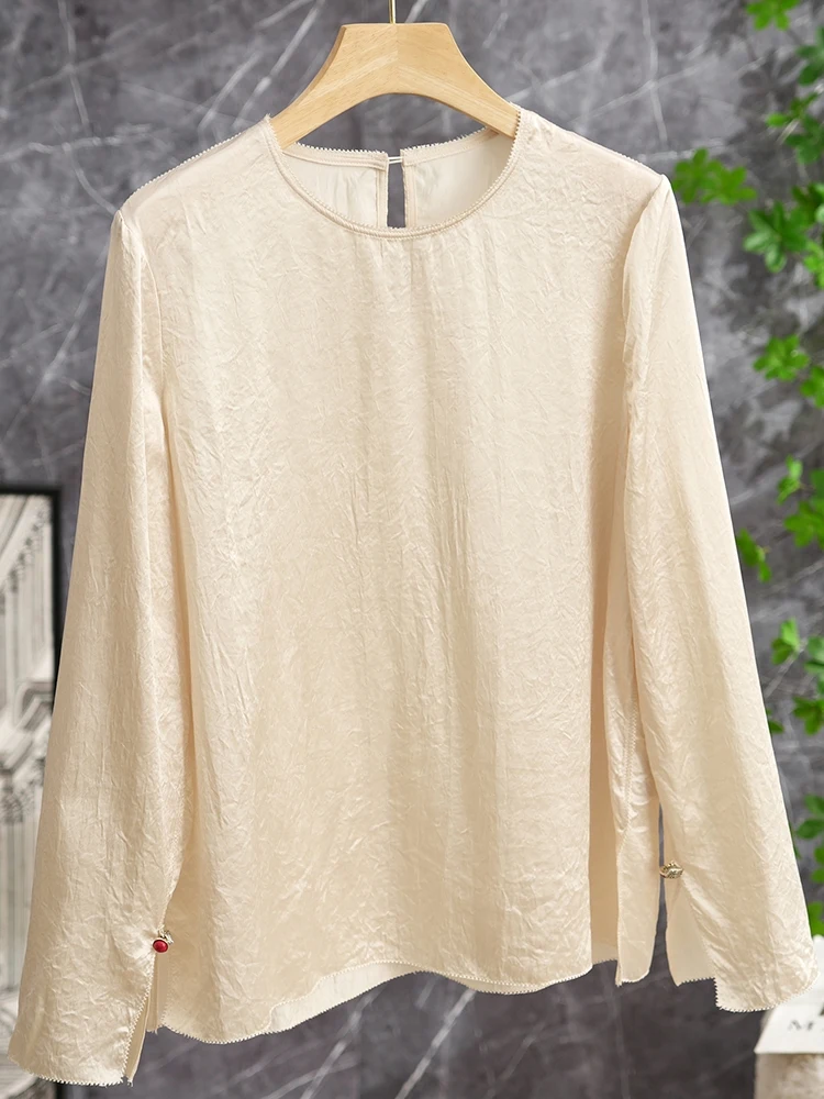 

Ацетатный плиссированный топ А-силуэта свободного кроя, стройнящий, в китайском национальном стиле, с пуговицами Ланся, круглым вырезом, длинными рукавами, для повседневной носки, в стиле Пур...