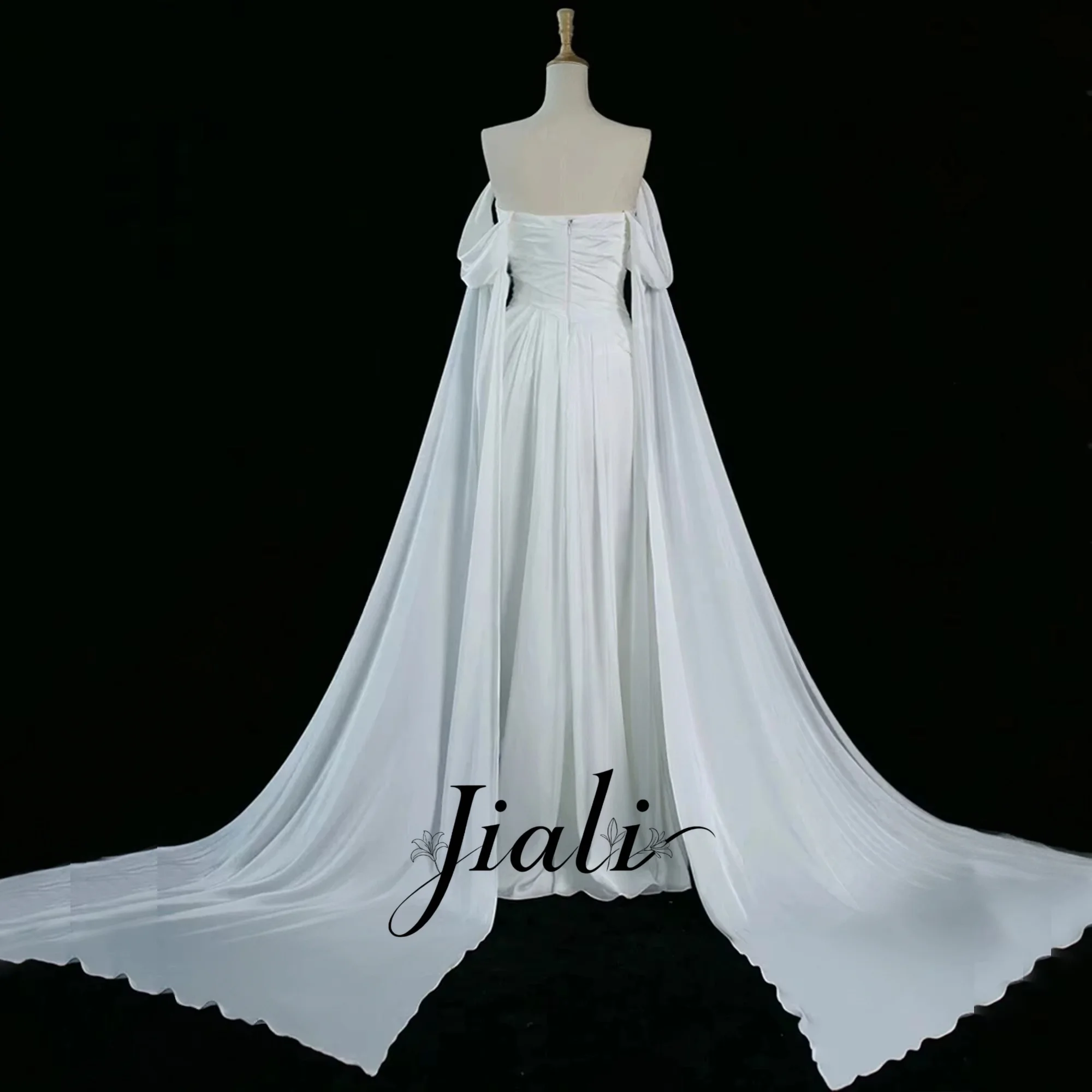 Jiali Customized Evening Dresses Off-The-Shoulder Pleated Long Prom Gowns With Trailing On Both Sides Ruffles A Line Satin