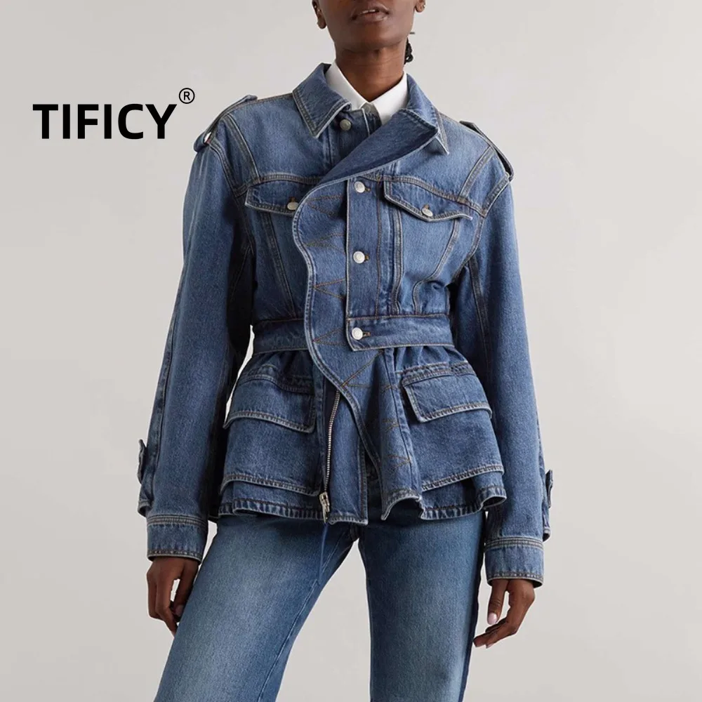 High Street Jean Jackets Women's New Fashionable Ruffled Edge Single Breasted Lapel Three-dimensional Denim Jacket