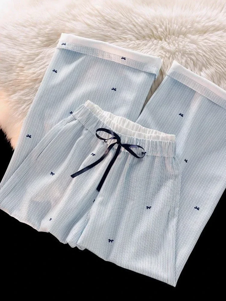 스윗 보우 스트라이프 팬츠 여성 하이웨이스트 한국 캐주얼 와이드 레그 트라우저 우아한 패션 루즈 귀여운 여성 봄 바지 신상