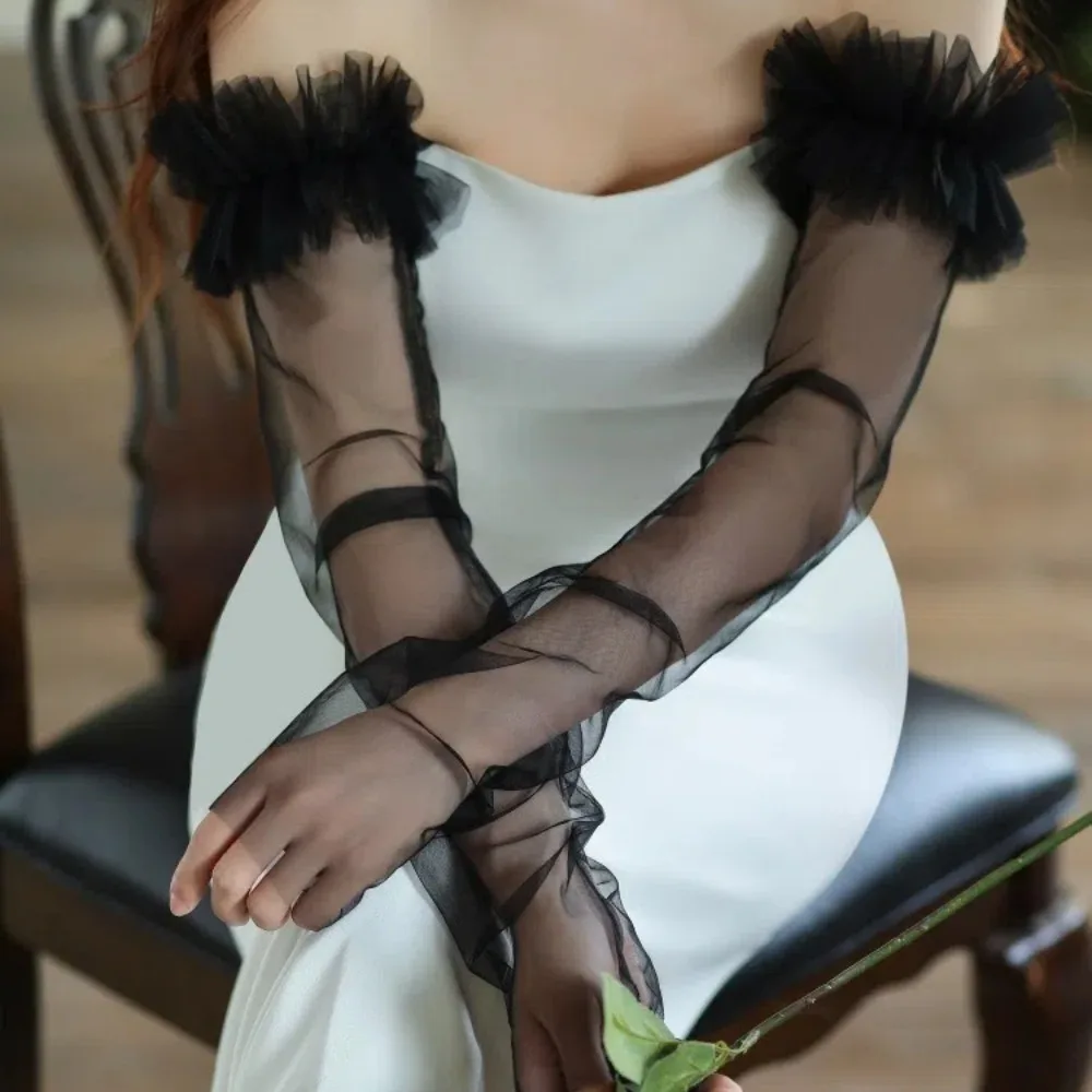 エレガントな長袖ブライダルスリーブ プリーツ取り外し可能なウェディングロングスリーブ 透明な複数の色のガーゼスリーブドレス