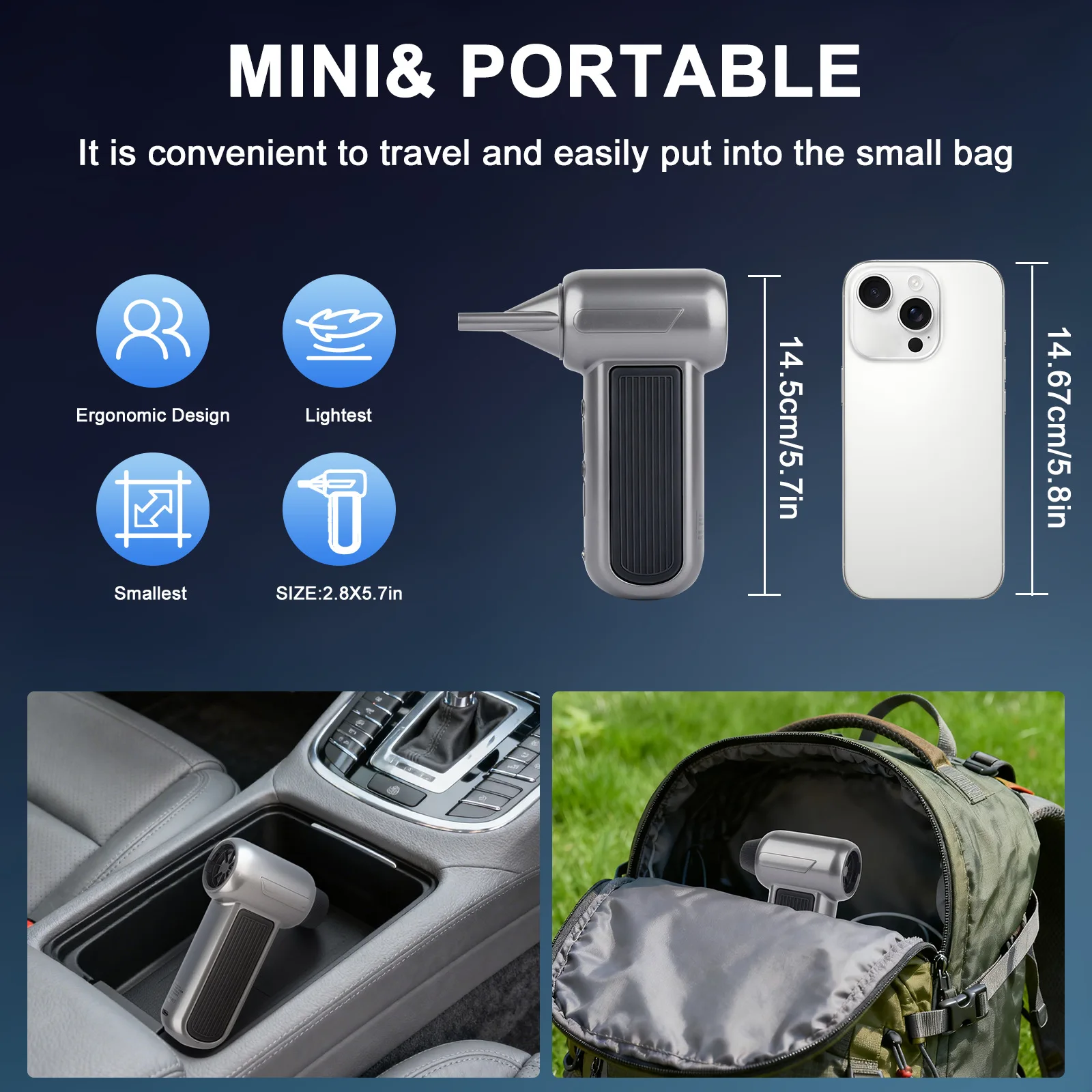 63m/s High Speed Brushless Motor Cordless Portable Car Vacuum for Computer Keyboard Outdoor and House Cleaning