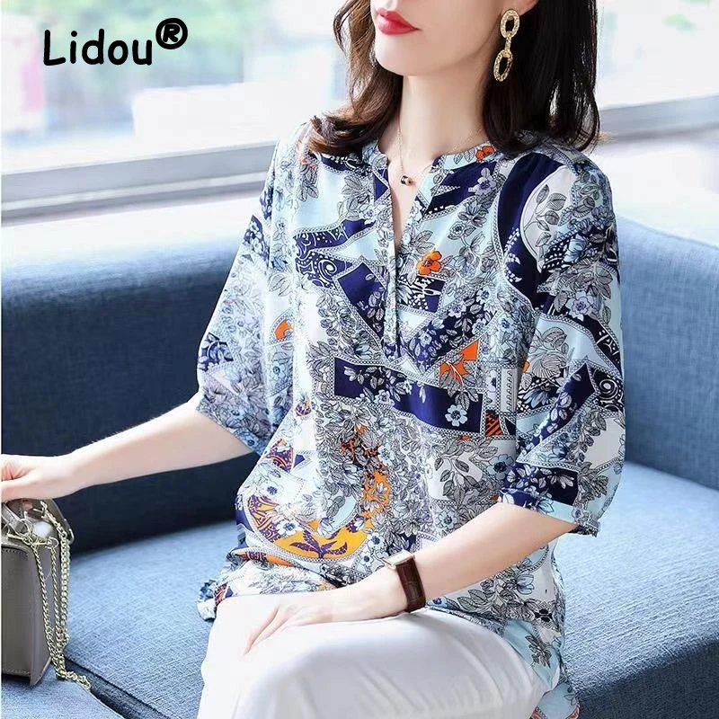 

New Women Korean Fashion Print Chic Blouse Summer V Neck Short Sleeve Irregular Shirt Y2K Simple Casual Loose Tops Female Blusas