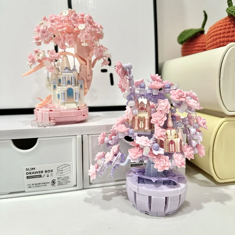 DIY 크리 에이 티브 변색 벚꽃 나무 집 빌딩 블록 MOC 꽃 클래식 모델 벽돌 장난감 소녀를위한 로맨틱 선물
