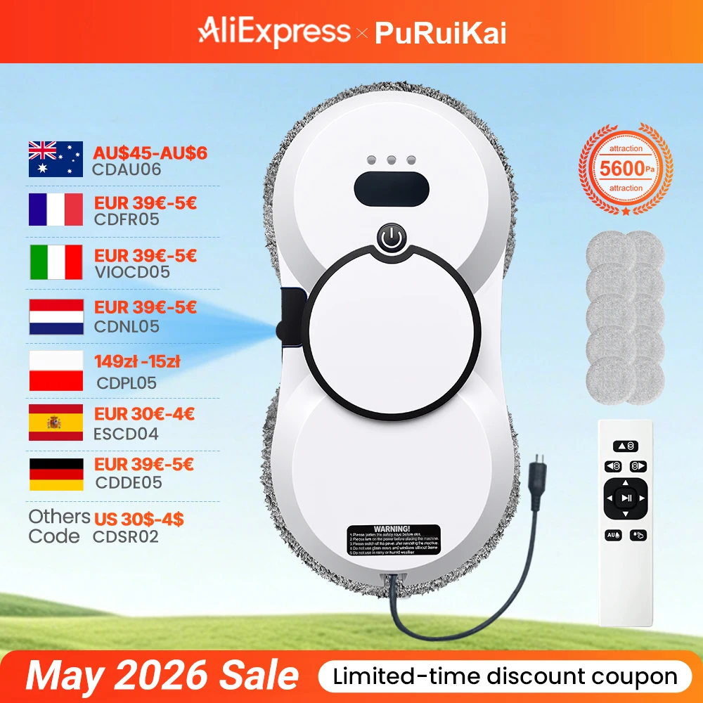Nettoyeur de vitres robotisé PuRuiKai, robot nettoyeur de vitres 5600Pa, télécommande, 3 modes de nettoyage, surveillance intelligente des bords