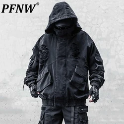 PFNW Niche Design Functional Men's Denim Jacket Darkwear Tide Distressed Washed Hole Zipper Hooded Cotton-padded Coat  12C1833