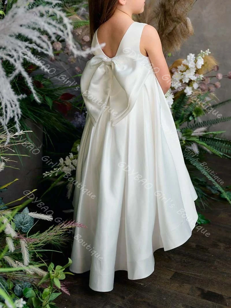 

Ivory First Communion Dress With Bow High Low A-line Satin Flower Girl Dress for Wedding Toddler Kids Customized Birthday Gown