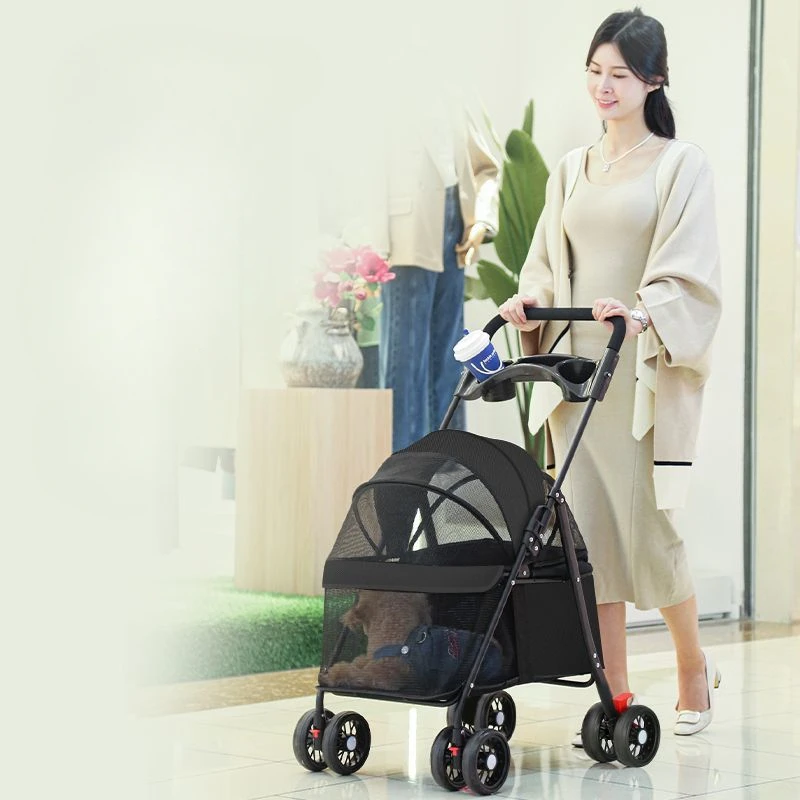 Small Animal Carrier, Outdoor Foldable Pet Trolley with 4 Wheels, Multifunctional Breathable Pet Stroller, Dog and Cat Cart