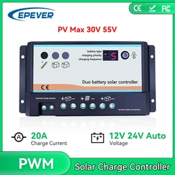 EPEVER PWM 20A Solar Charge Controller 12V 24V Auto Dual Battery Solar Regulator PV Max 30VDC 55VDC Fit for RV System DB-20A