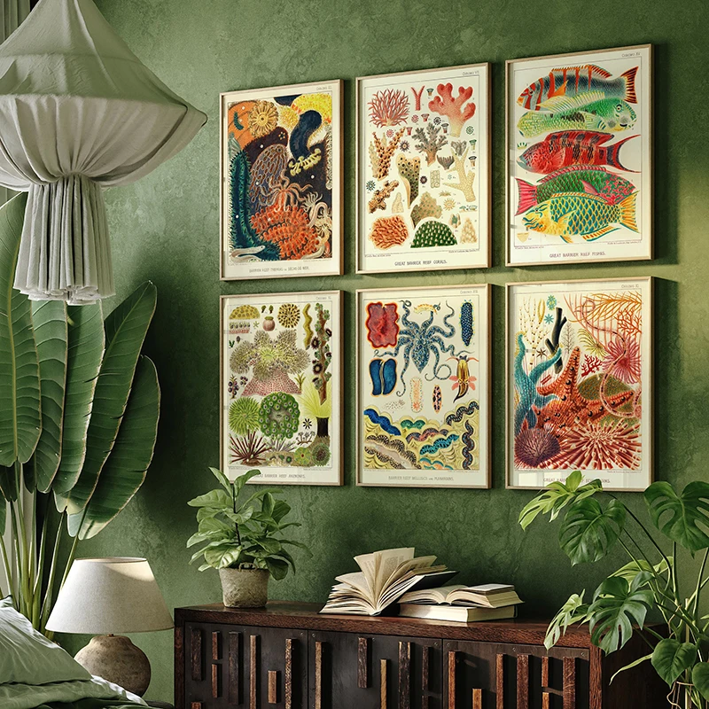 لوحة قماشية عتيقة لديكور المنزل ، لوحة جدارية مطبوعة ، صورة للغرفة ، المنزل ، الغرفة ، الشعاب المرجانية ، البحر الملون ، الأسماك ، المحيط ، النباتات ، الطحلب