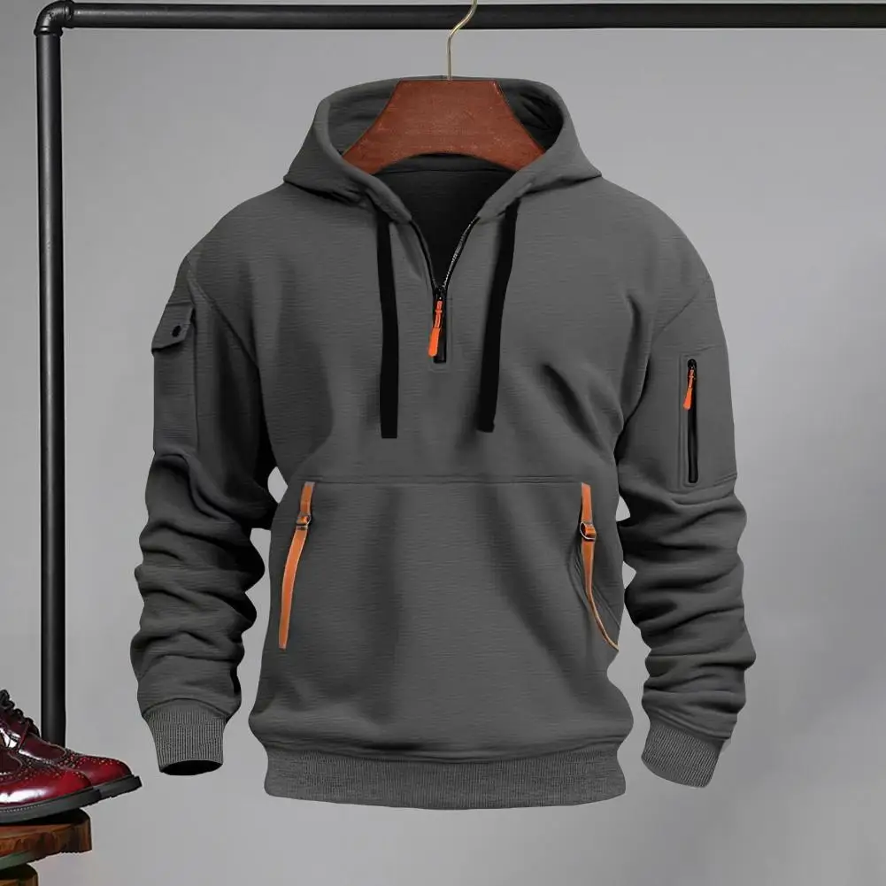 Men Hoodie Men Solid Color Hoodie Men's Fall Winter Hoodie with Arm Pocket Strap Decor Casual Sport Top for Daily Wear