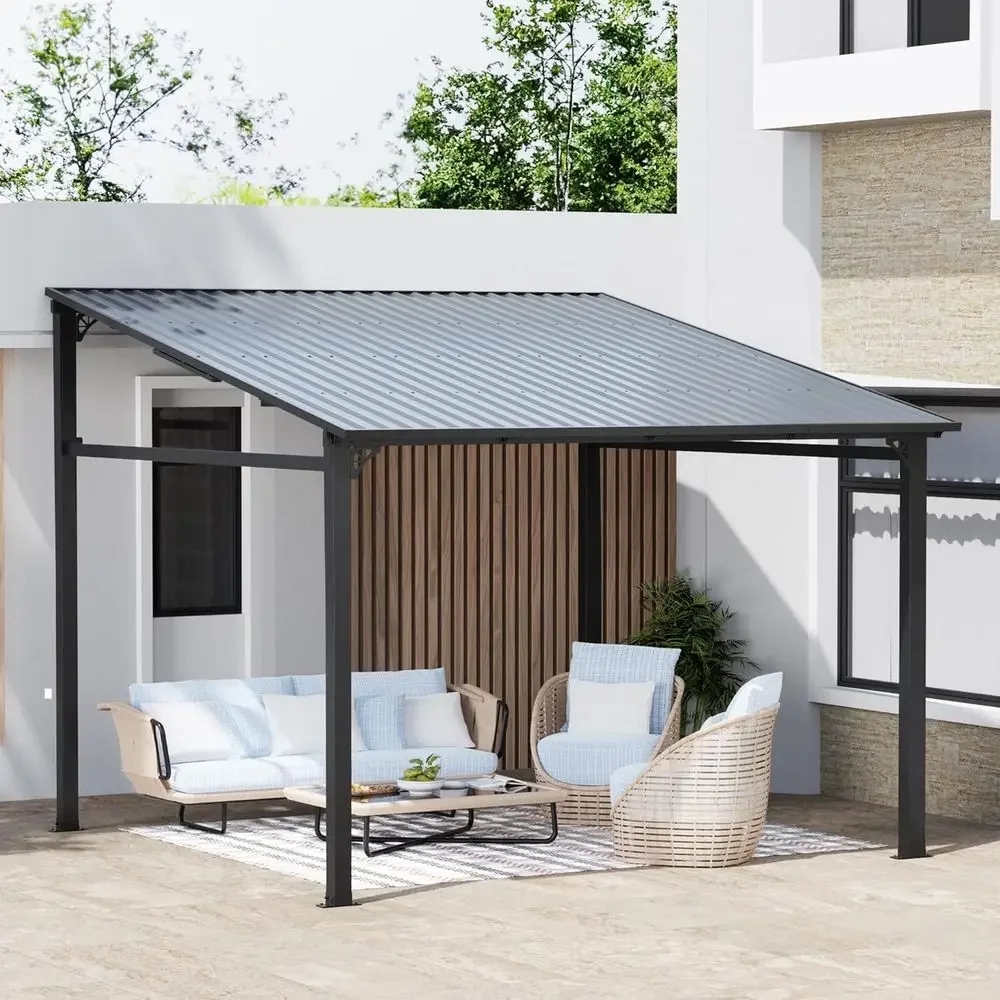 10x10 Wall-Mounted Hardtop Gazebo, Lean-to Style with Galvanized Steel Roof for Outdoor Pergola, Patio, Deck, Backyard