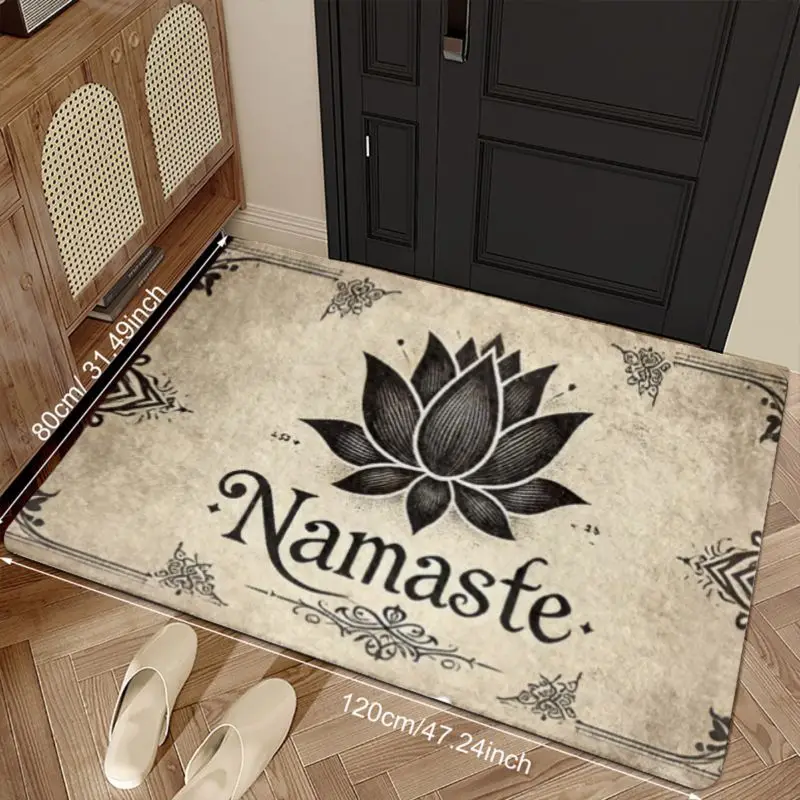 VIKAMA Vintage Namaste Lotus Doormat Retro Yoga Symbol Print Non‑Slip Floor Mat Entryway Porch Home Decor