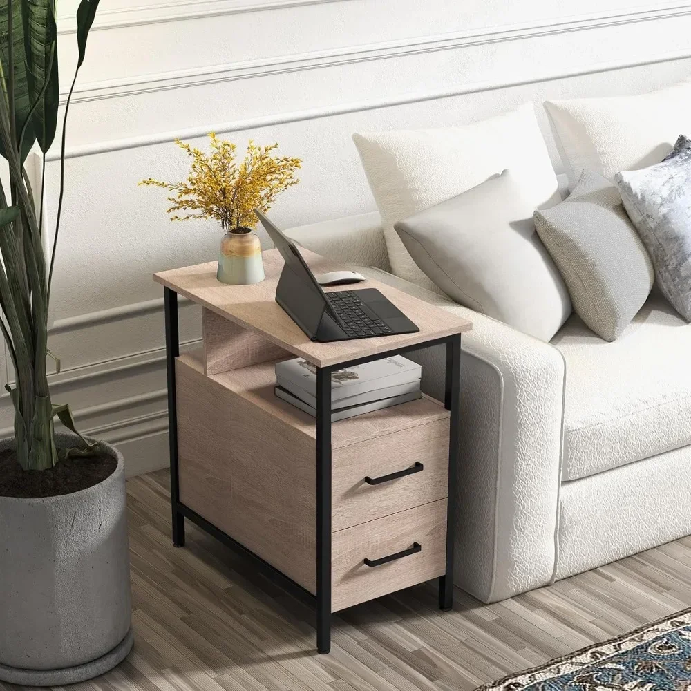 For for Side Tables with Charging Station, Narrow End Table with 2 Wooden Drawers, USB Ports and Power Outlets, Narrow Nightstan