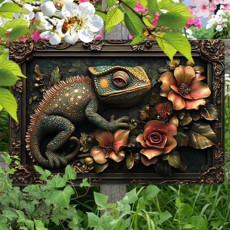 

Chameleon & Flowers Vintage Aluminum Wall Art - 8x12" Metal Tin Sign for Home, Office, or Studio Decor, Perfect for Room Decor