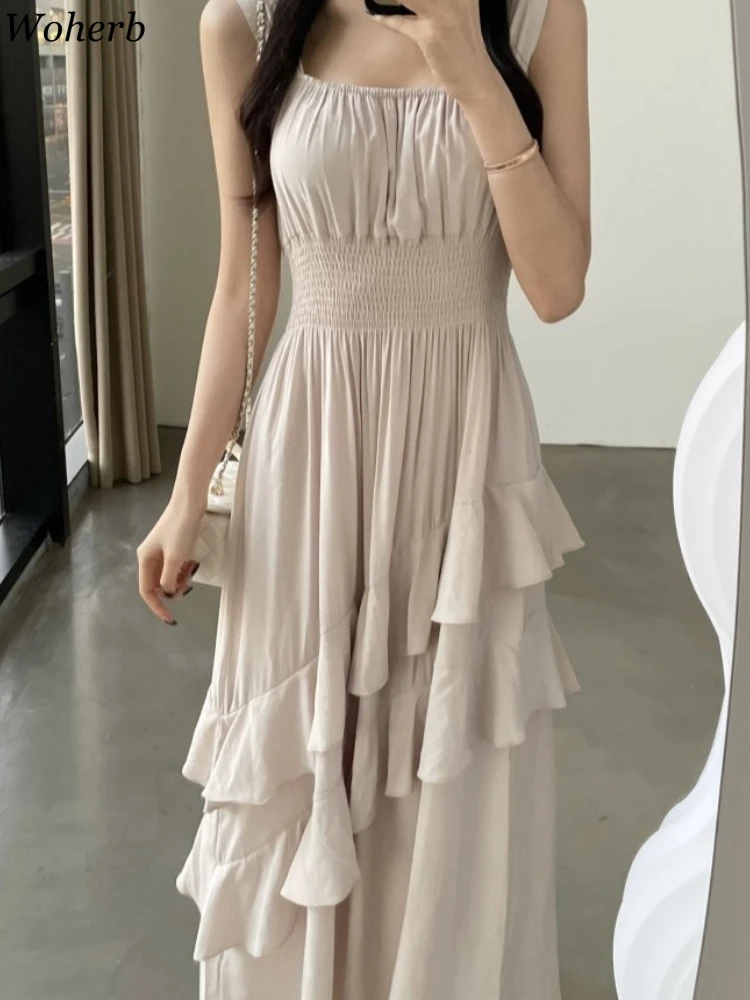 

Sweet Elegant Robe Femme Sleeveless Pleated Dresses for Women Korean Tunic Irregular Ruffled Maxi Dress 2025 Vestidos De Mujer