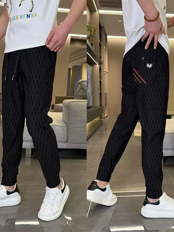 

Qui Dry Summer Thin Men's Casual Pants Spor Loose Elastic Waist Cargo Trousers with Stripe Print Casual Loose Fit Trousers