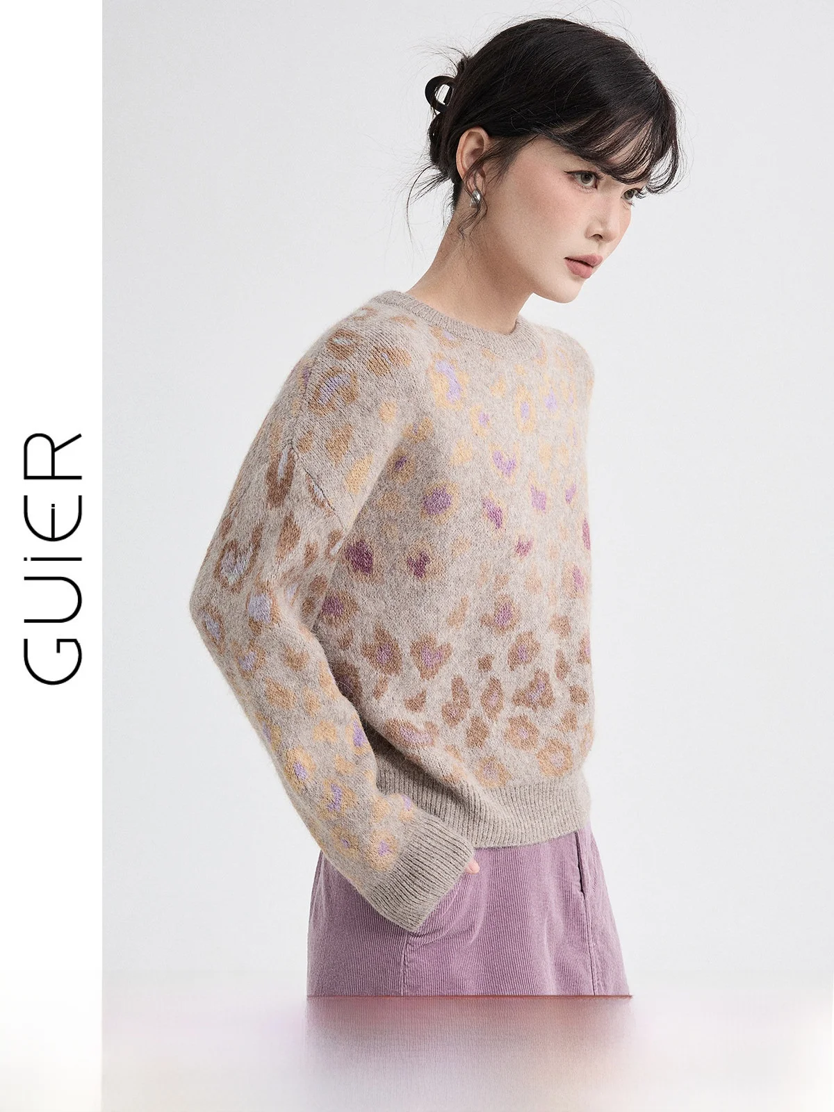 

Женский повседневный вязаный свитер Adient Fce с леопардовым принтом, фиолетовый, с дизайном на плечах, укороченный