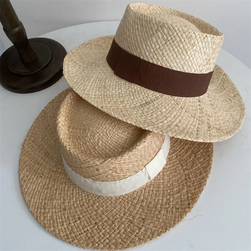 Wide Brim Straw Fedora Hat Ribbon Band Beach Hats Women Straw Woven Sun Hats Summer Holidaty Panama Hat